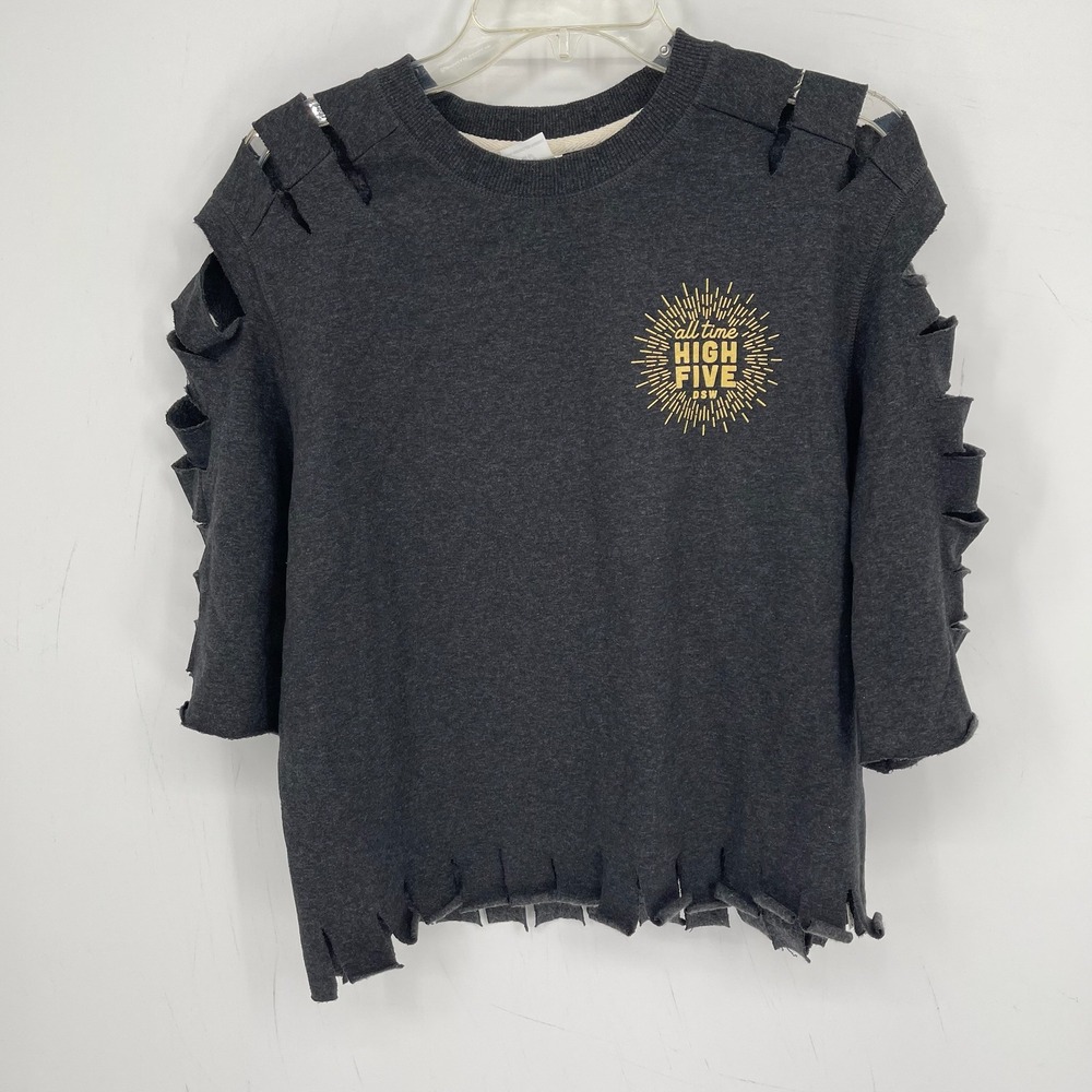 District Women's Charcoal Gray Distressed Fringed Graphic Sweatshirt Top Size M